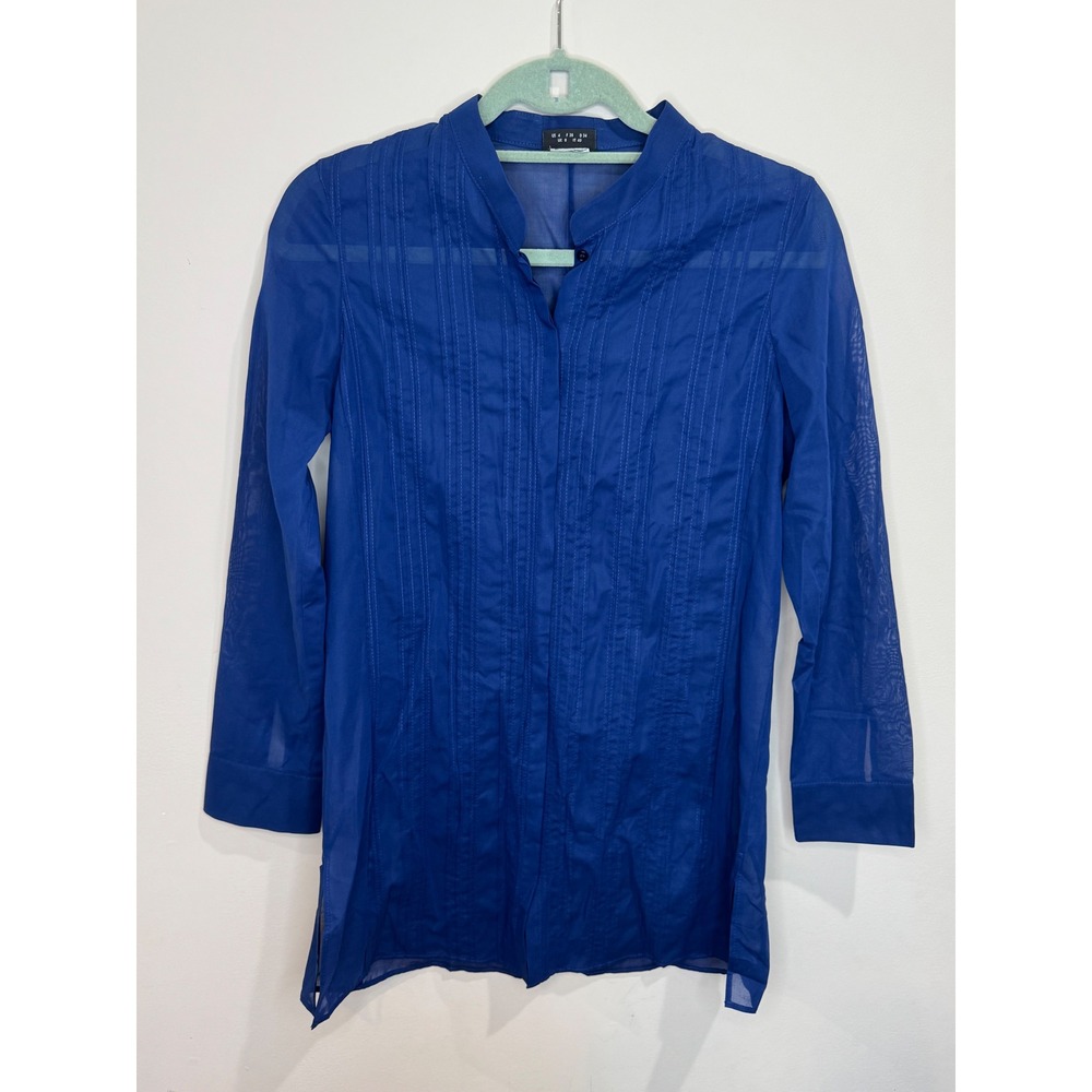 Akris Sheer 100% Cotton Button Down Tunic Blouse sz 4 Blue